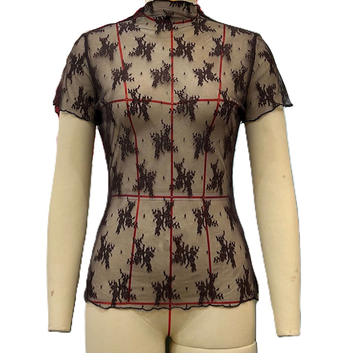 Sheer Floral Lace Mock Neck Tee - Brown