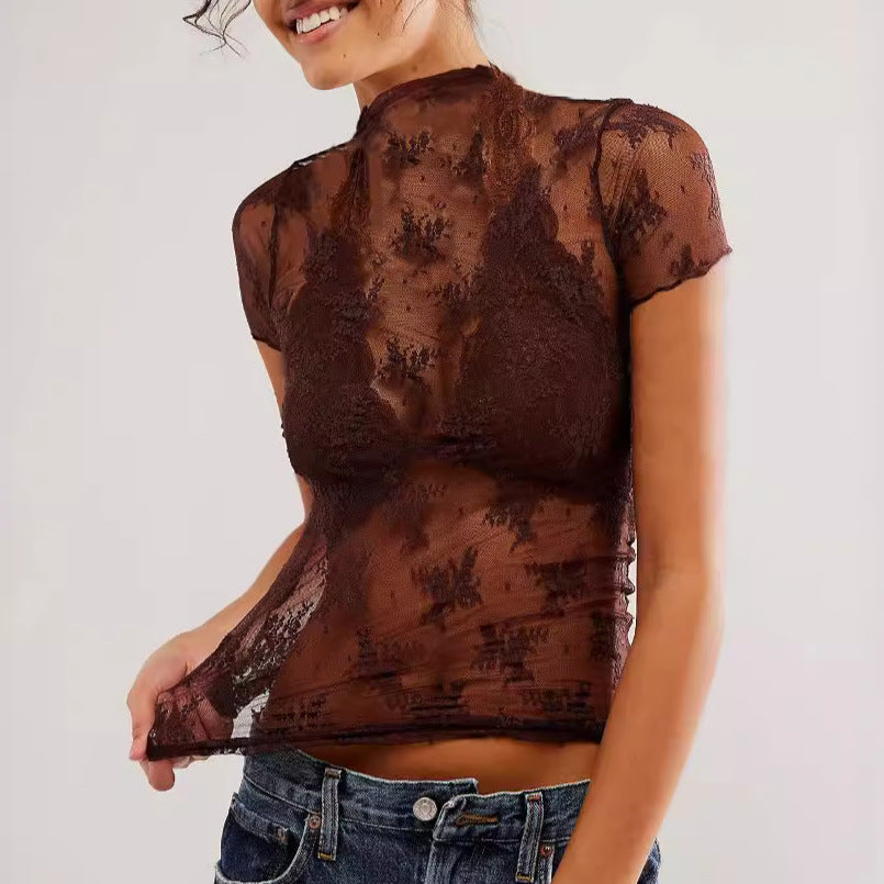 Sheer Floral Lace Mock Neck Tee - Brown - 1