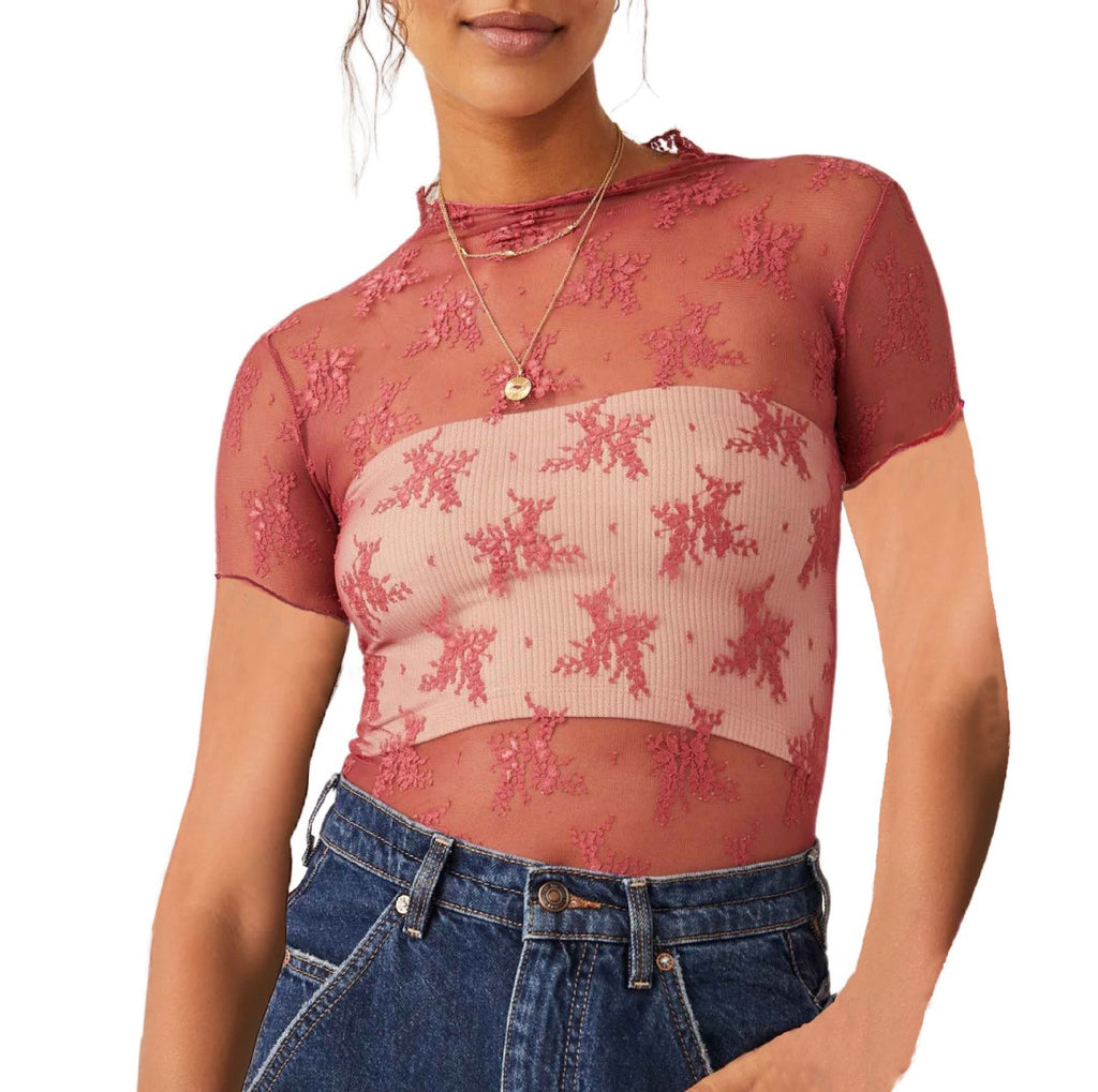 Sheer Floral Lace Mock Neck Tee - Red