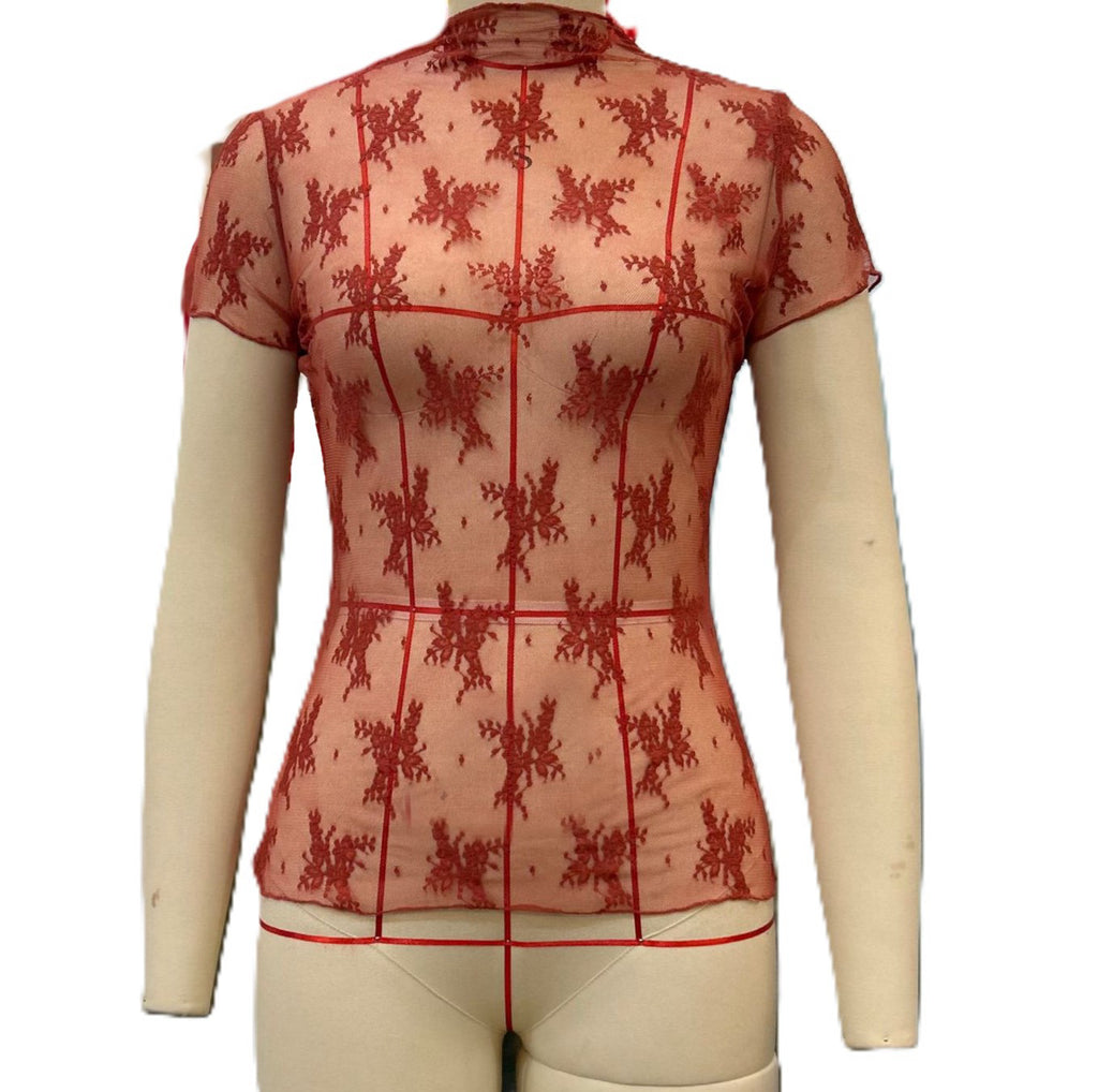 Sheer Floral Lace Mock Neck Tee - Red - 1