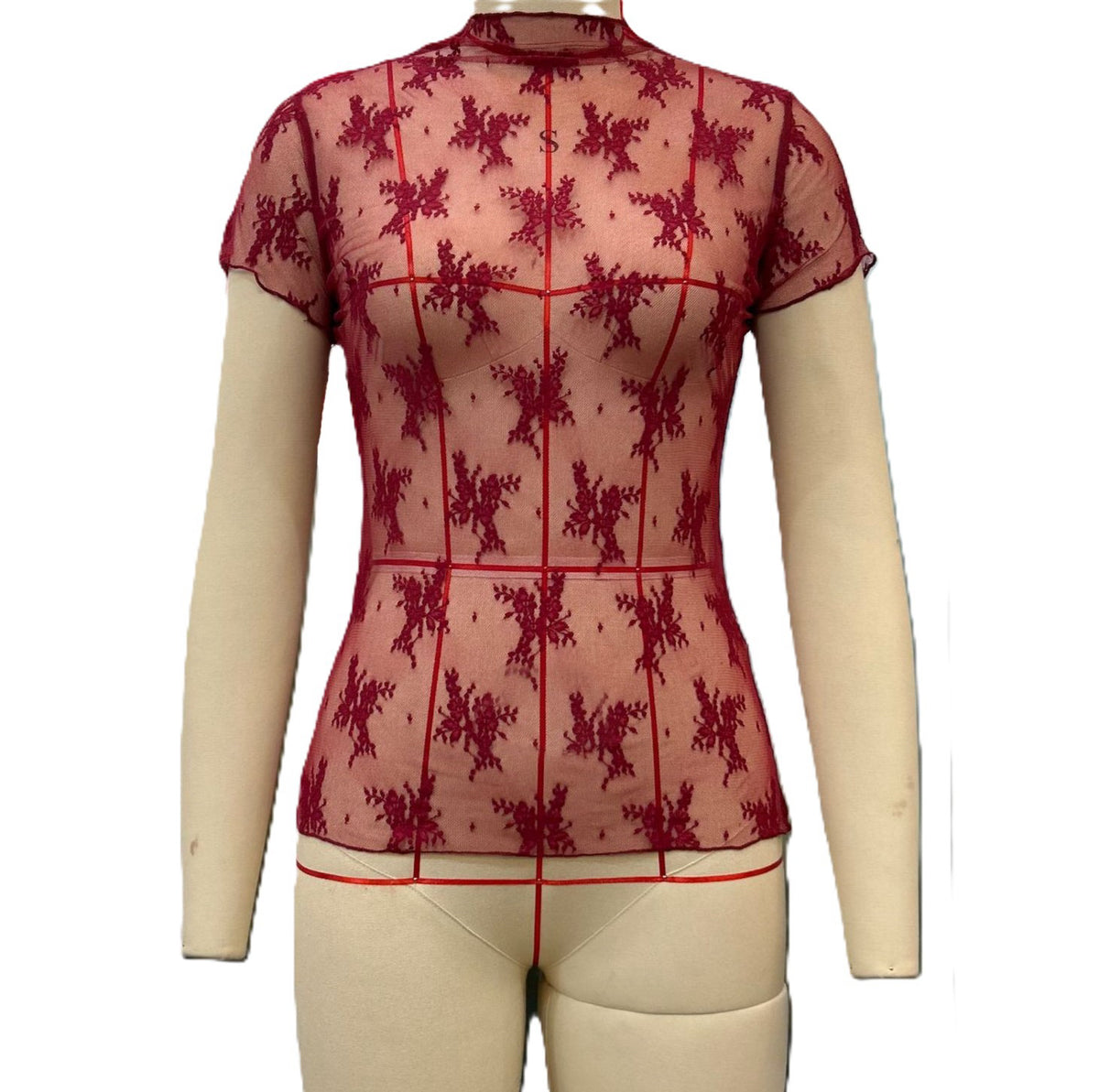 Sheer Floral Lace Mock Neck Tee - Winered