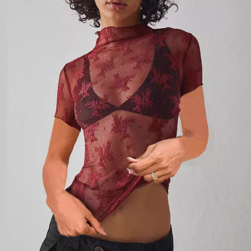 Sheer Floral Lace Mock Neck Tee