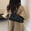 Glossy Buckle Flap Baguette Shoulder Bag - Black