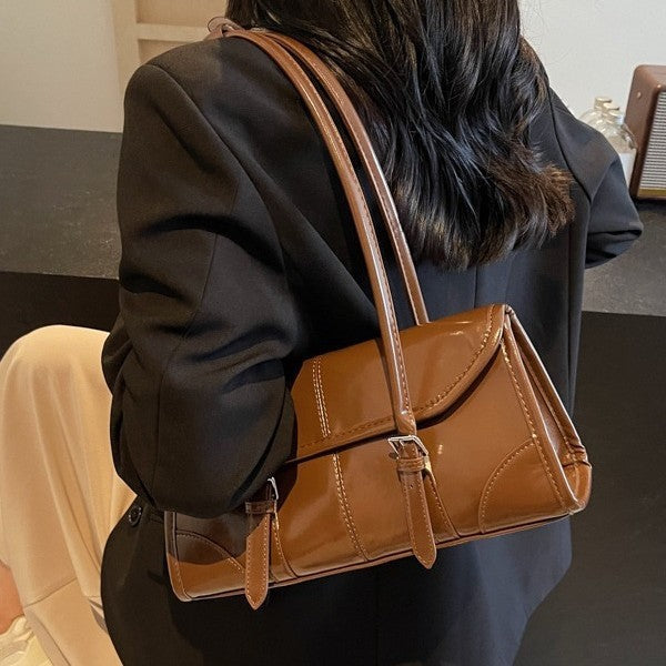 Glossy Buckle Flap Baguette Shoulder Bag