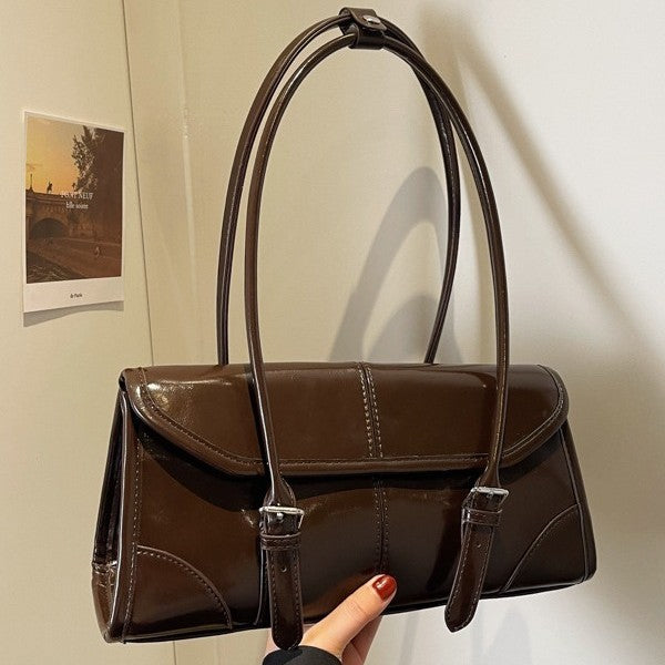 Glossy Buckle Flap Baguette Shoulder Bag