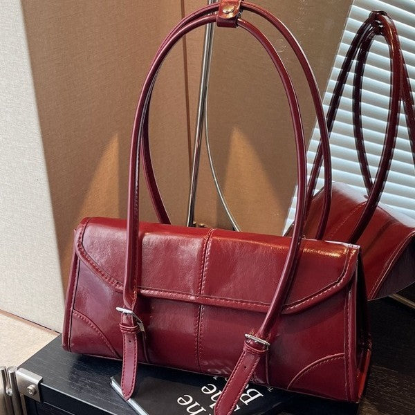 Glossy Buckle Flap Baguette Shoulder Bag