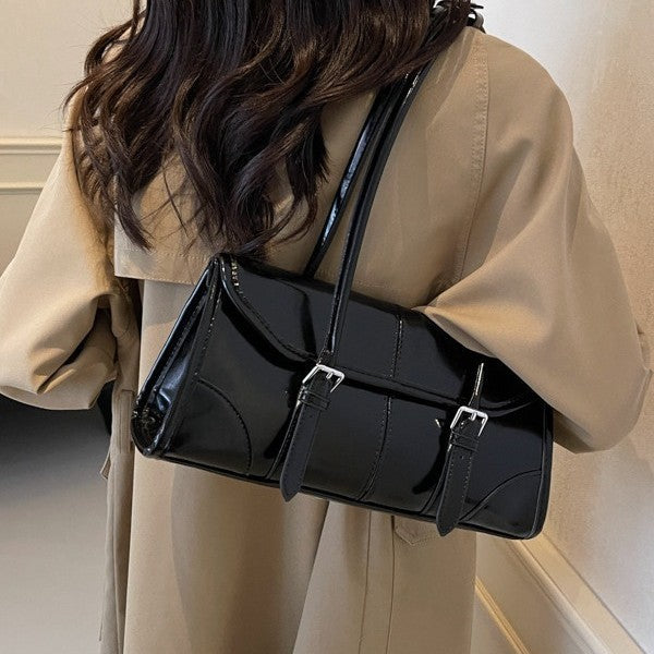 Glossy Buckle Flap Baguette Shoulder Bag