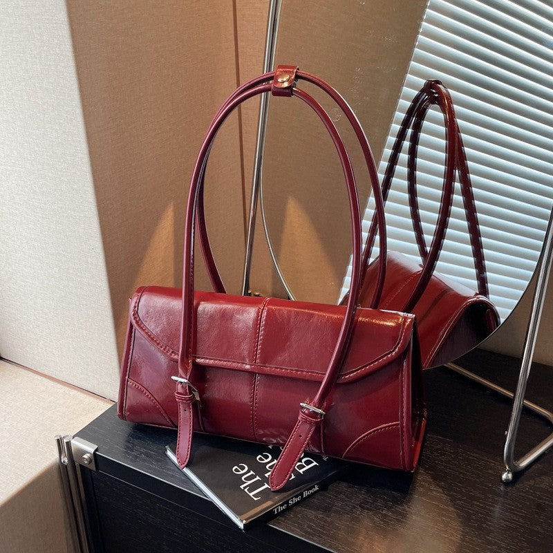 Glossy Buckle Flap Baguette Shoulder Bag