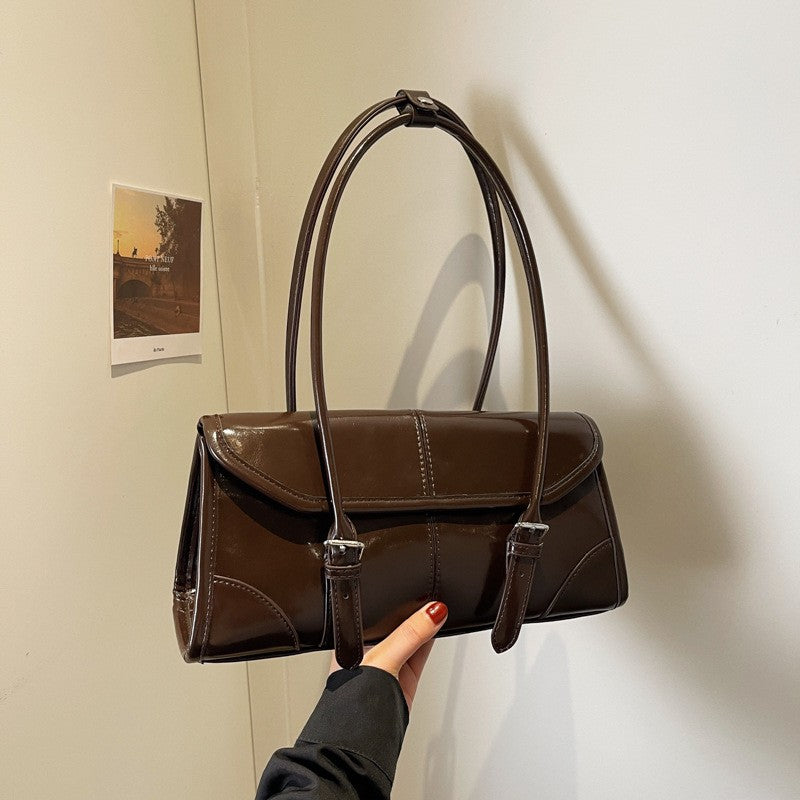 Glossy Buckle Flap Baguette Shoulder Bag