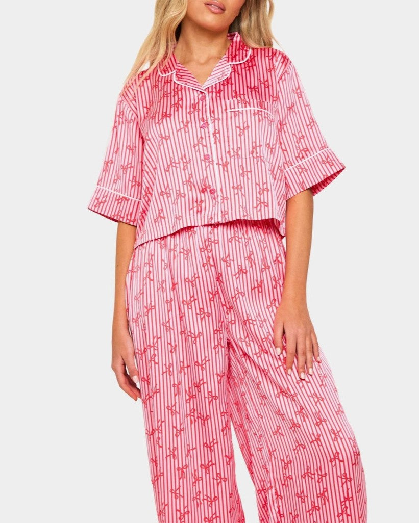 Striped Floral Satin Crop Shirt Lounge Set - Pink