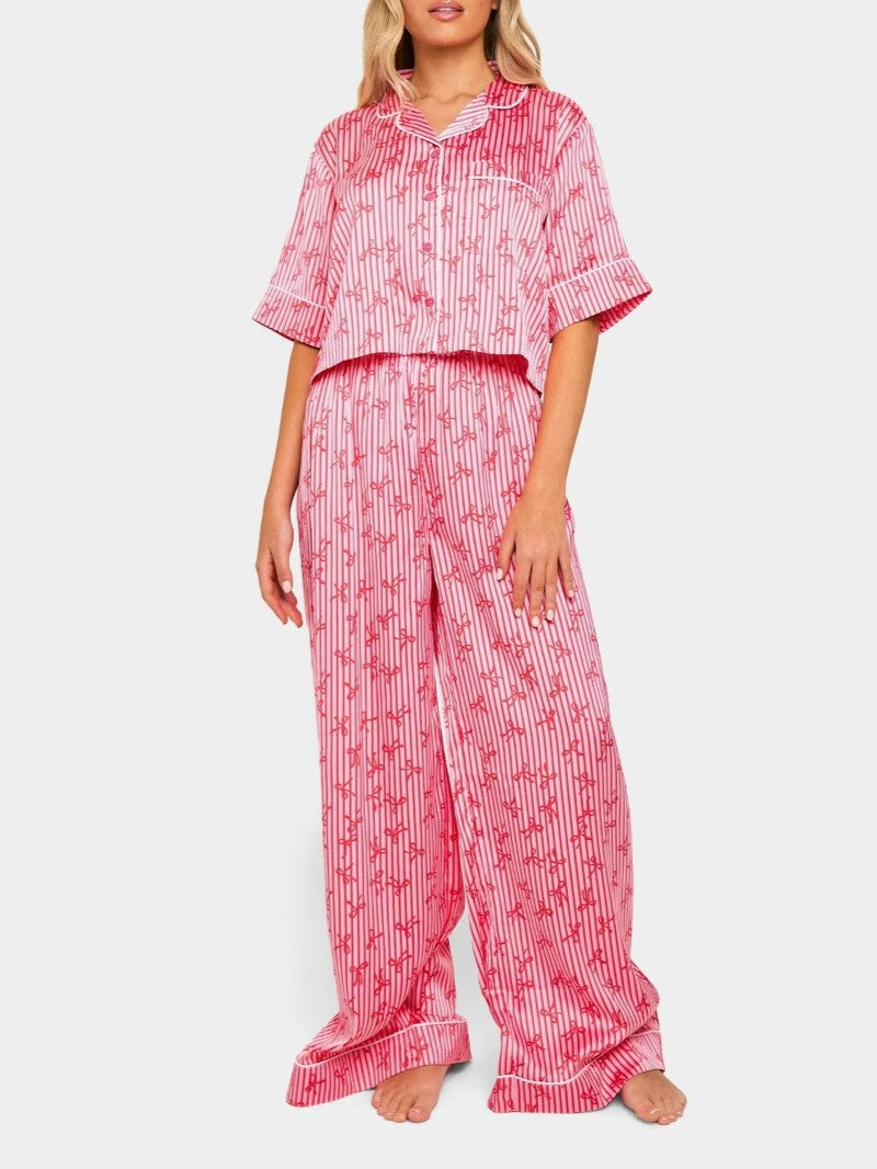 Striped Floral Satin Crop Shirt Lounge Set - Pink - 1