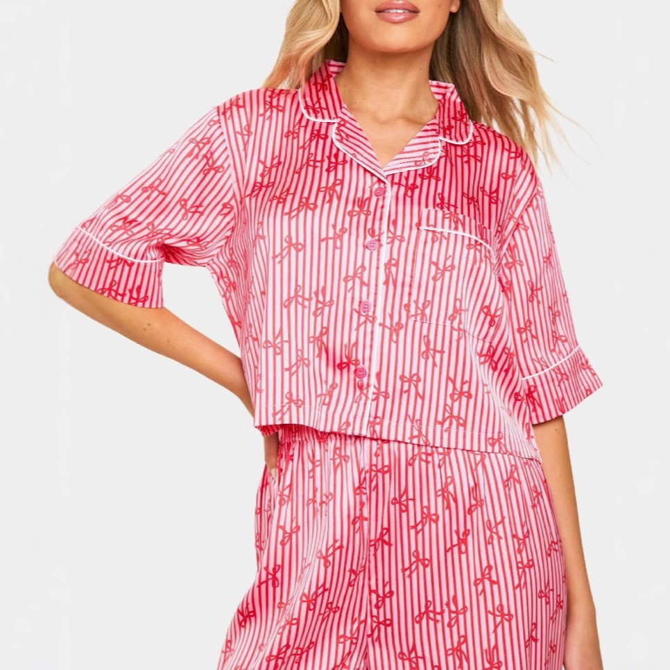 Striped Floral Satin Crop Shirt Lounge Set - Pink - 2