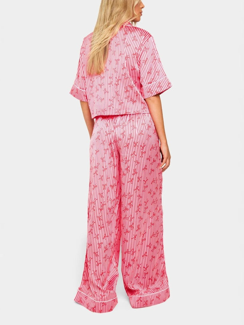 Striped Floral Satin Crop Shirt Lounge Set - Pink - 3