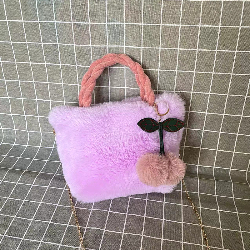 Fluffy Faux Fur Tote With Braided Handle - Purple