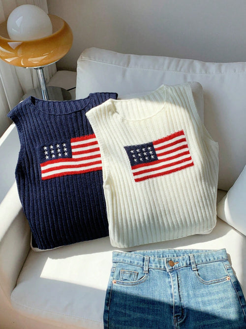 Americana Flag Ribbed Sleeveless Knit Top - Navy