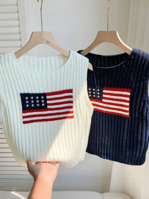 Americana Flag Ribbed Sleeveless Knit Top - White