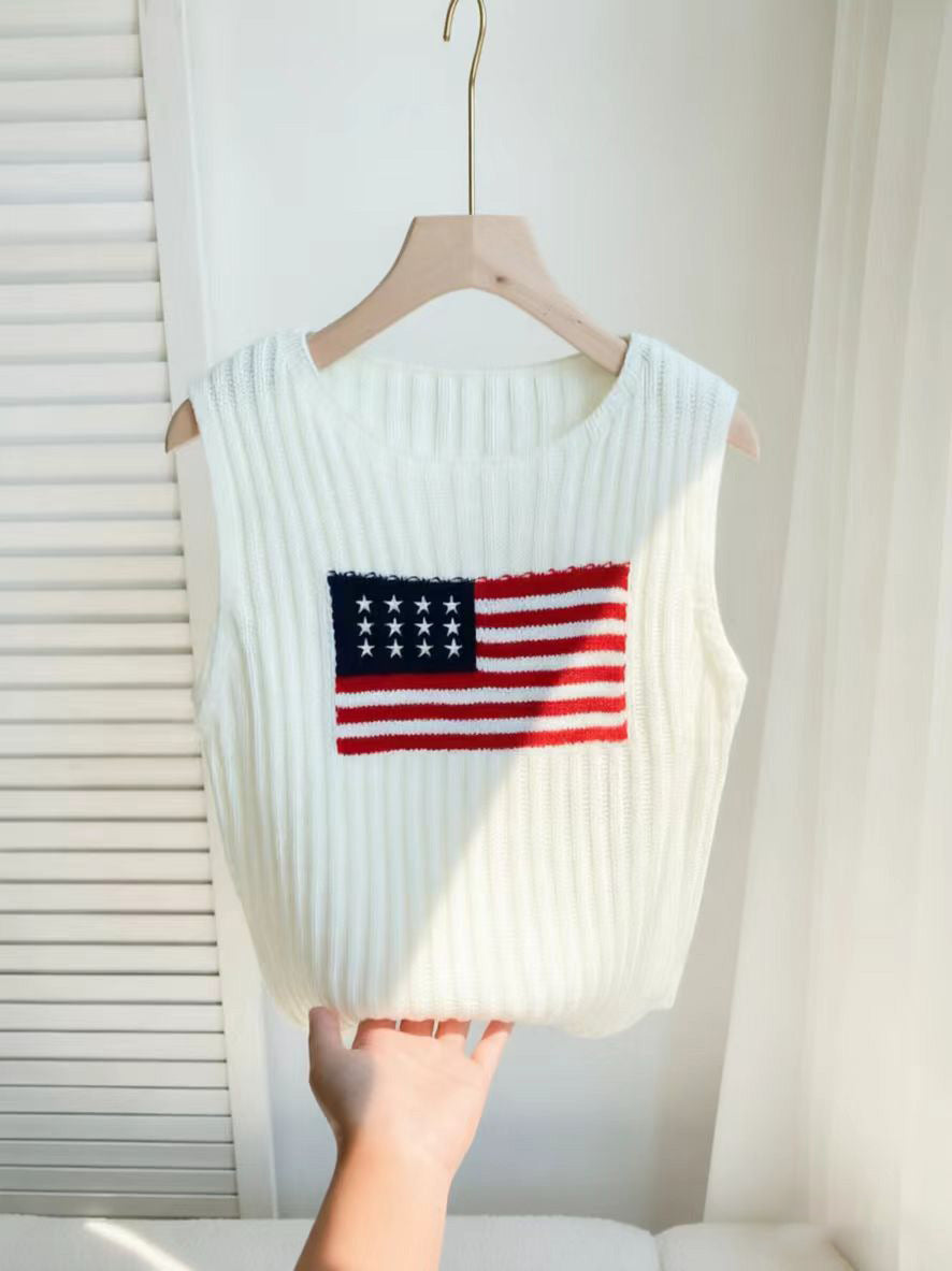 Americana Flag Ribbed Sleeveless Knit Top - White - 1