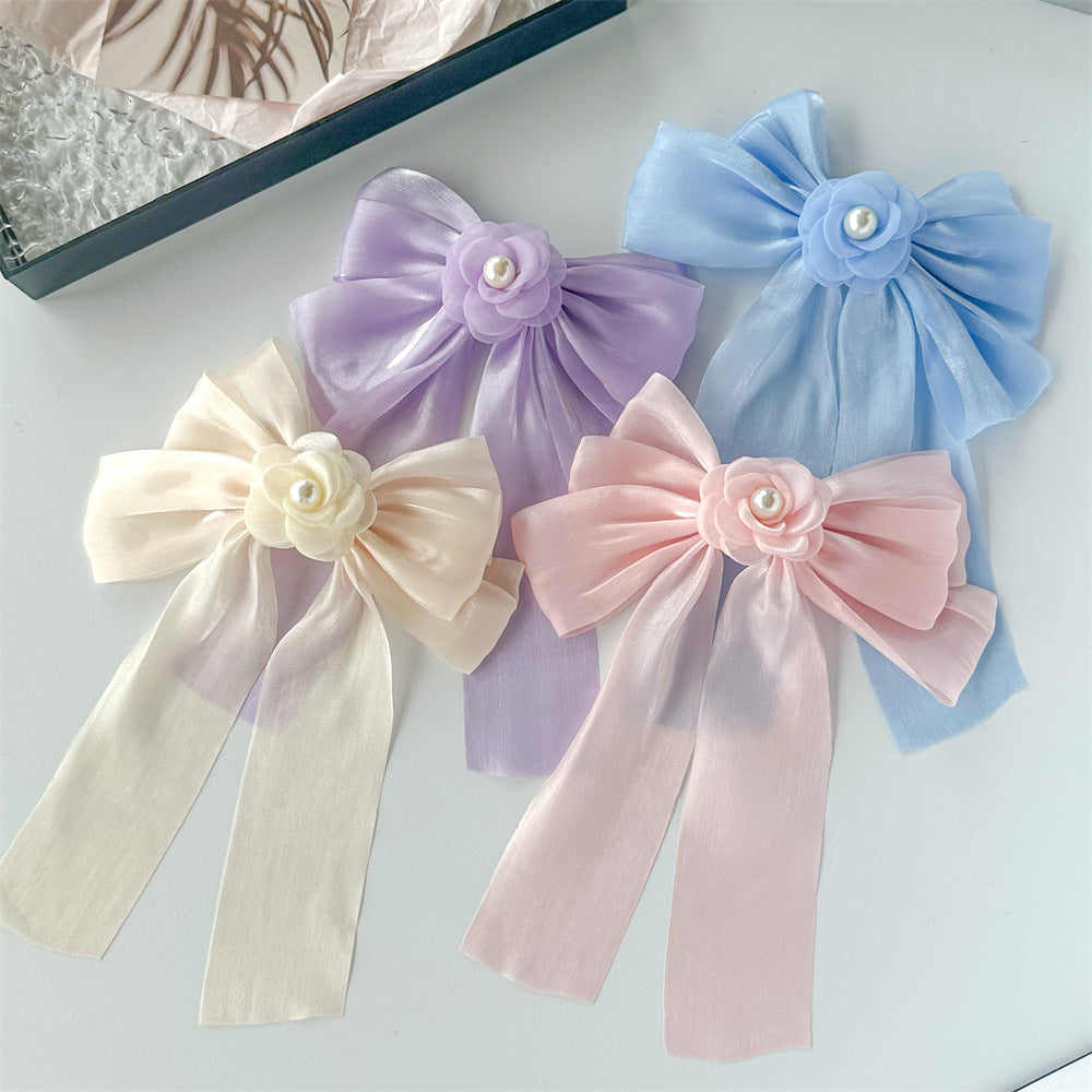 Pearl Centre Organza Ribbon Bow Clip