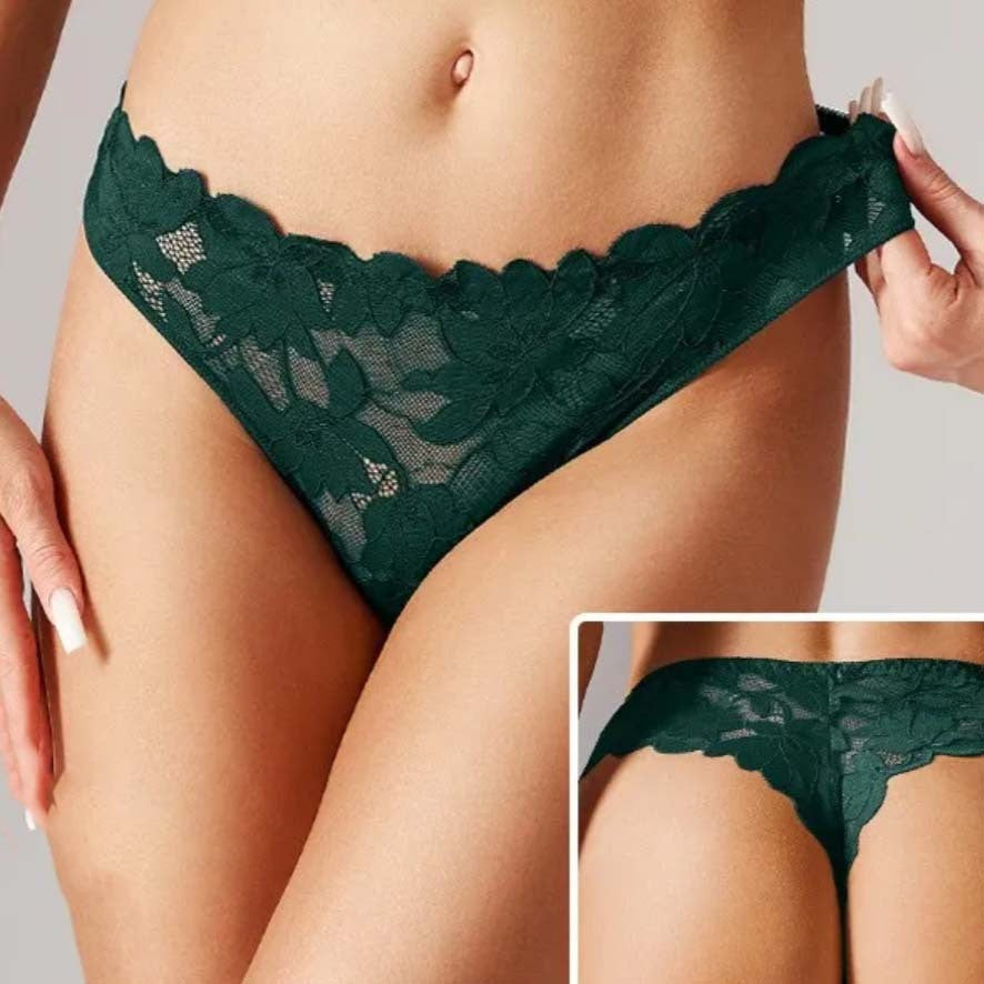 Sheer Floral Lace Scalloped Waist Thong - Dark Green