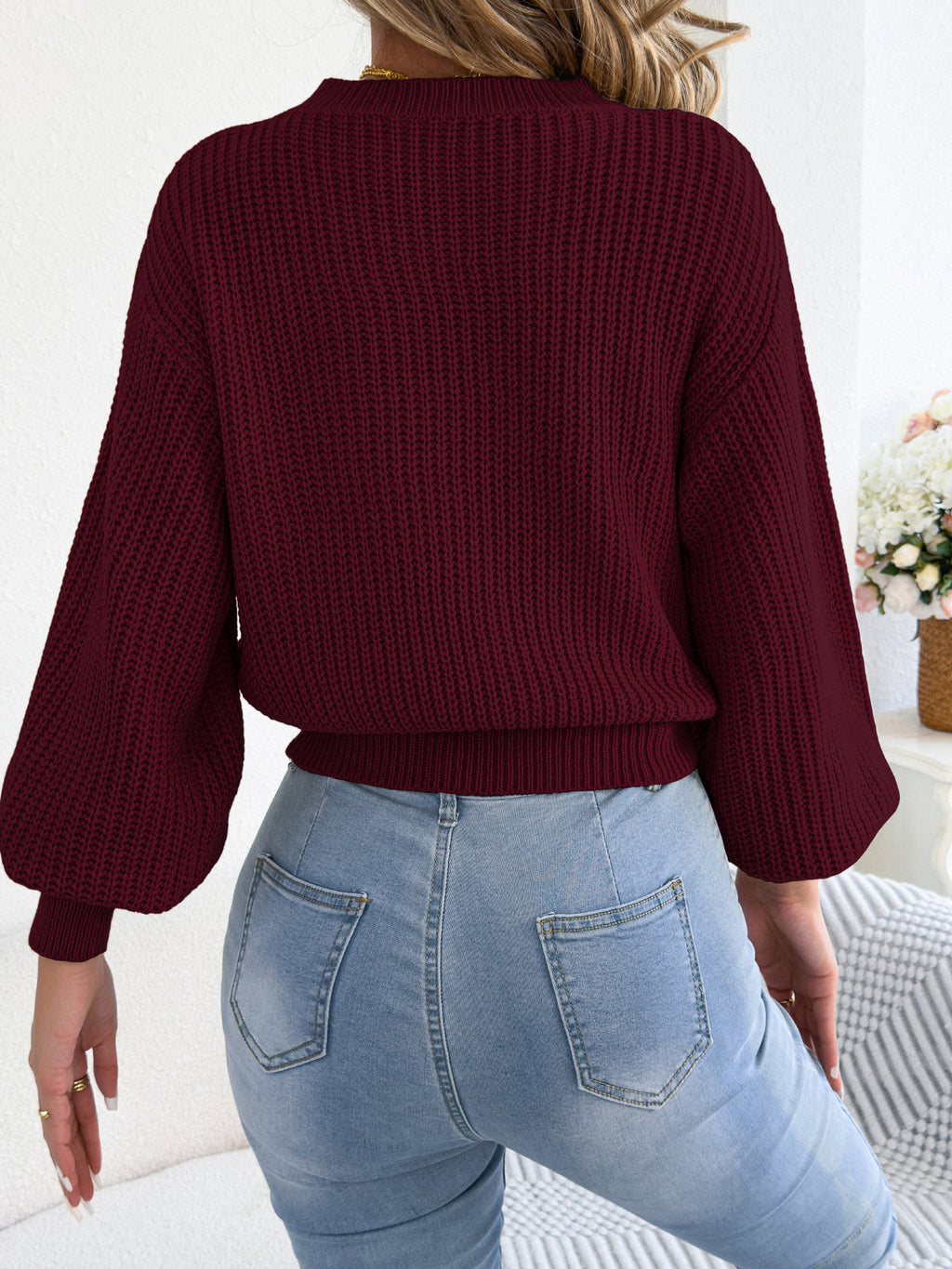 Argyle Textured Balloon Sleeve Sweater - WineRed - 1