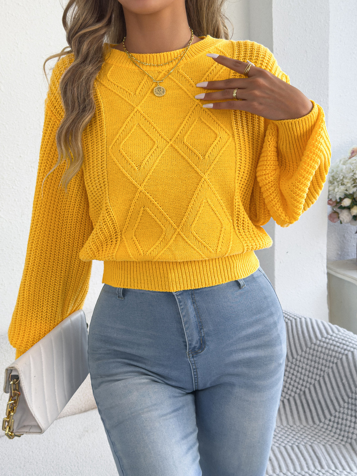 Argyle Textured Balloon Sleeve Sweater - Yellow