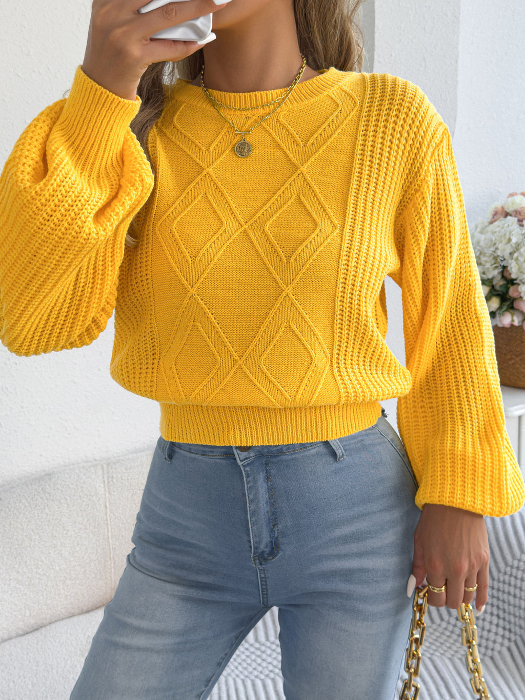 Argyle Textured Balloon Sleeve Sweater - Yellow - 1