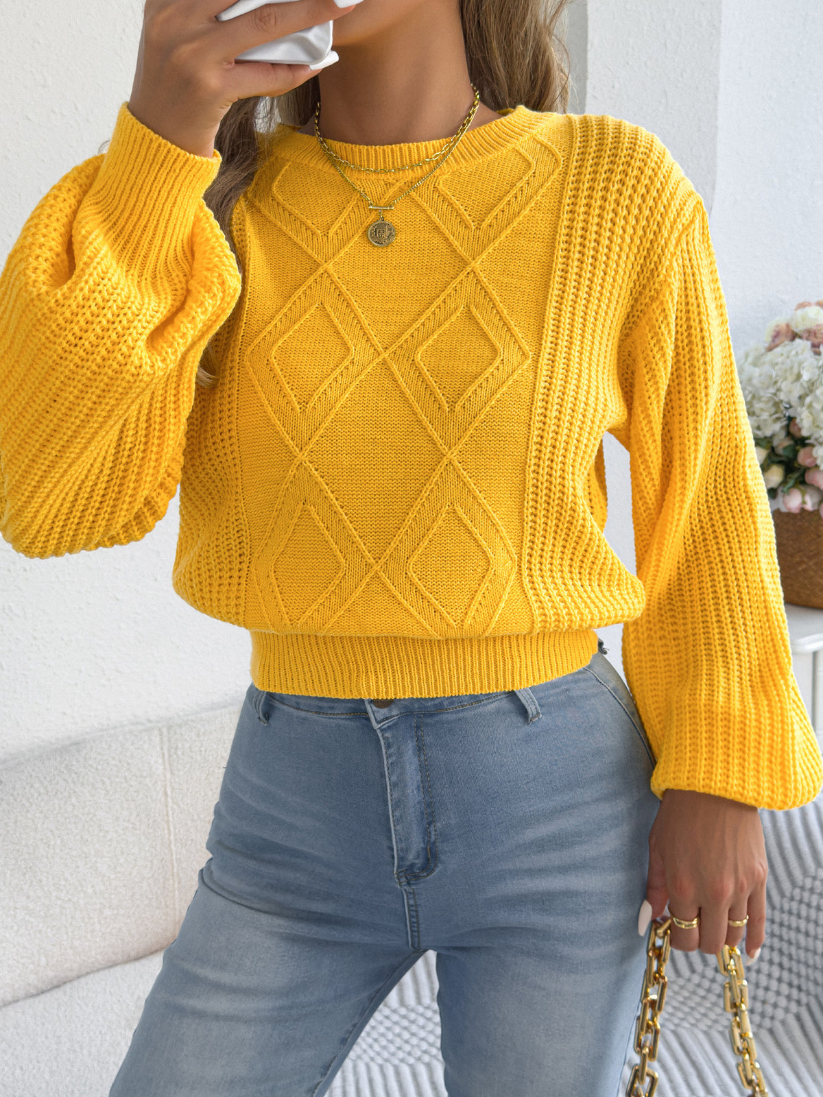 Argyle Textured Balloon Sleeve Sweater - Yellow - 1