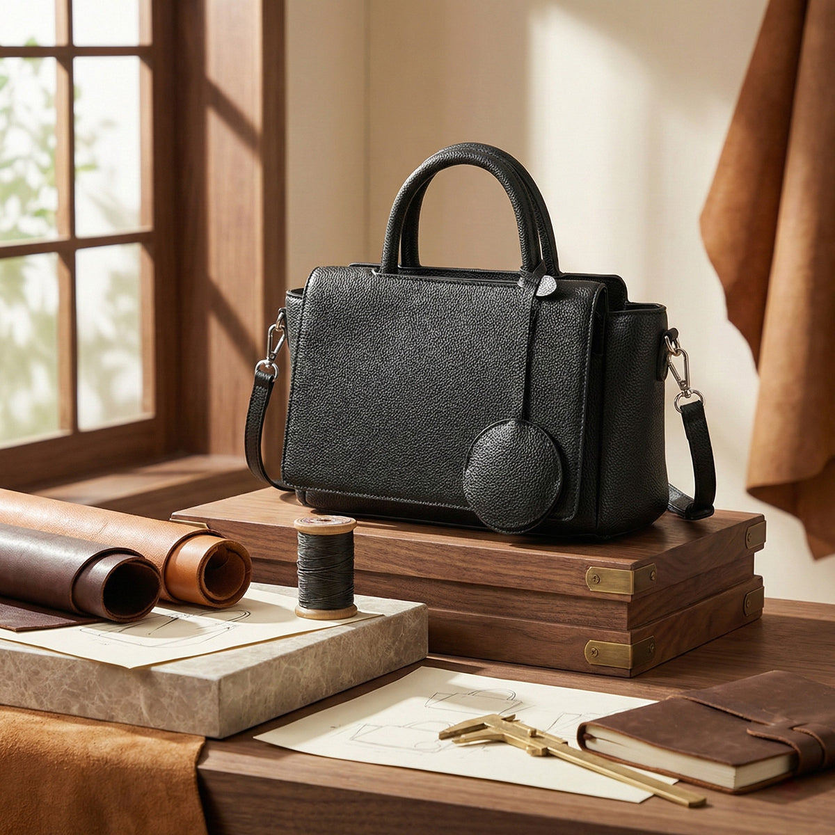 Mini Pebbled Top Handle Satchel with Round Charm - Black