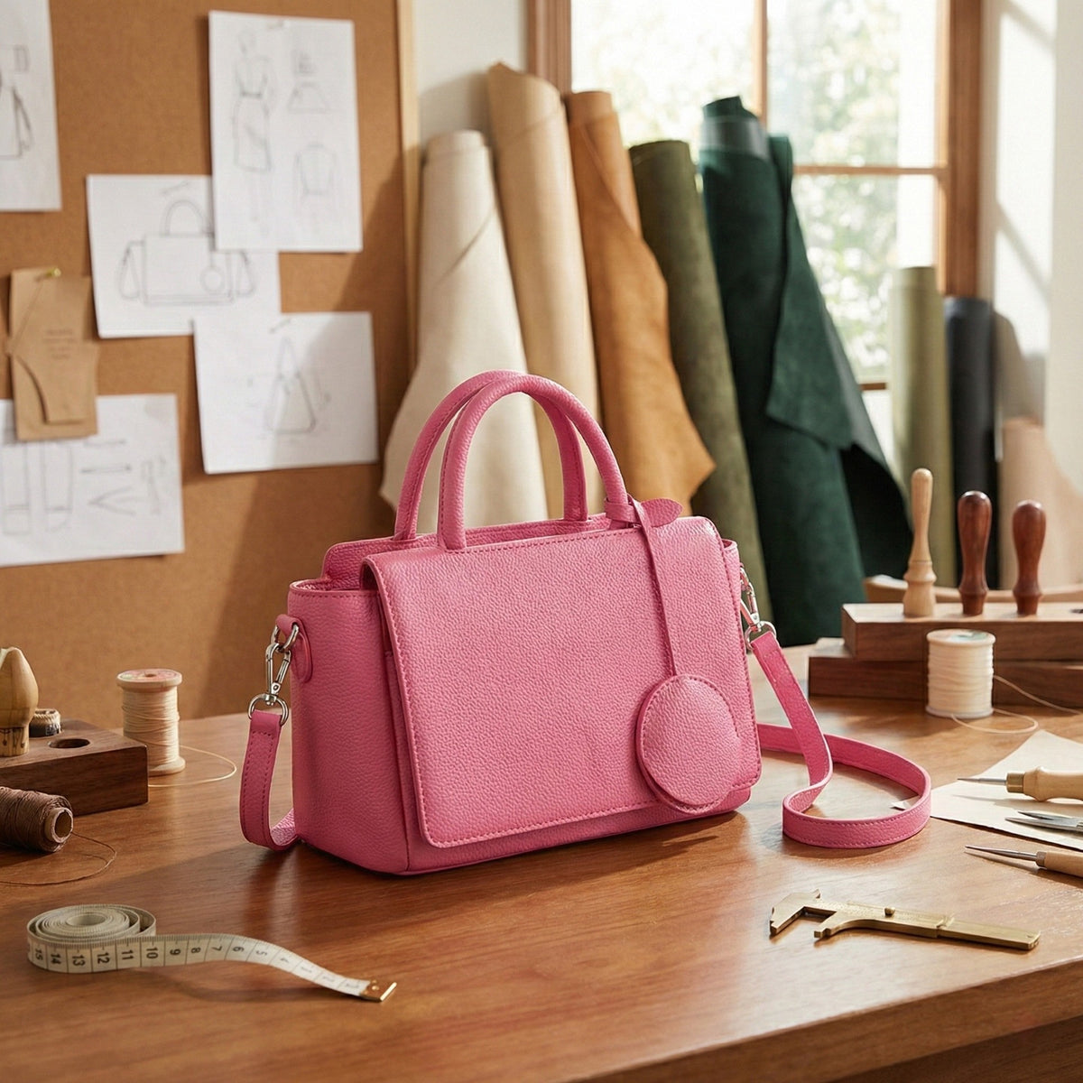 Mini Pebbled Top Handle Satchel with Round Charm - Hot Pink