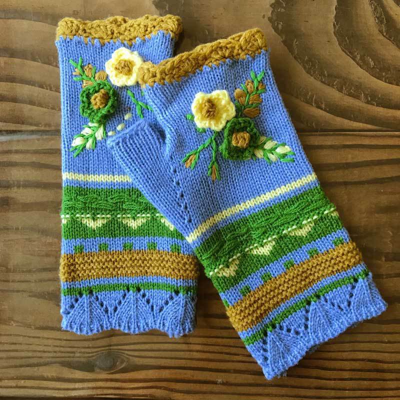 Floral Embroidered Fingerless Gloves With Lace Trim - Blue