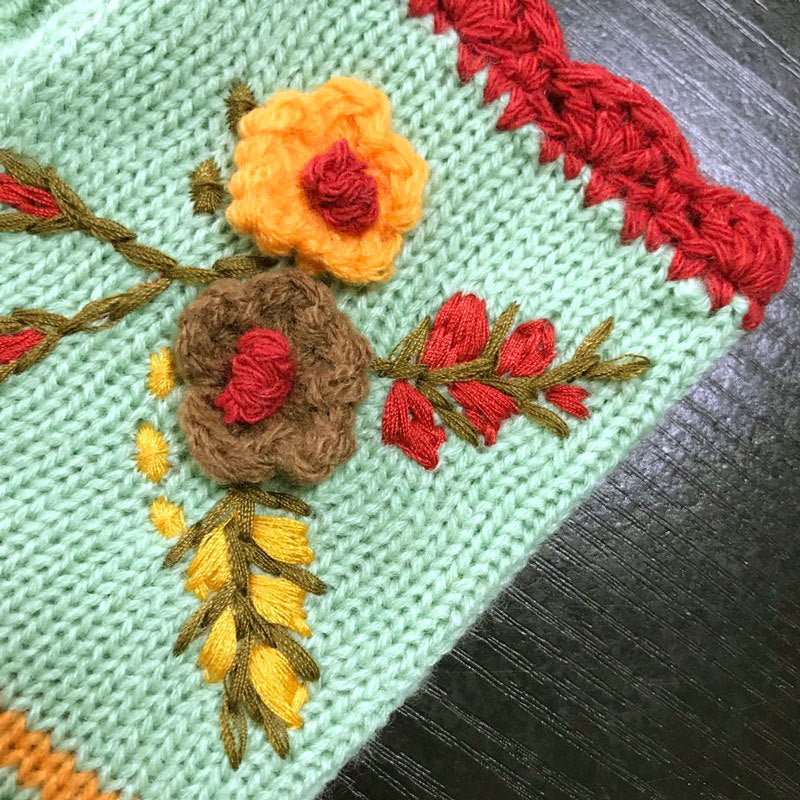 Floral Embroidered Fingerless Gloves With Lace Trim - Green - 1