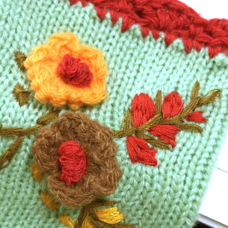 Floral Embroidered Fingerless Gloves With Lace Trim - Green - 2