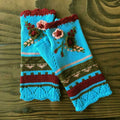 Floral Embroidered Fingerless Gloves With Lace Trim - LakeBlue