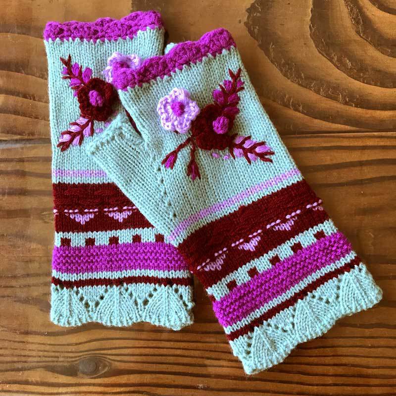 Floral Embroidered Fingerless Gloves With Lace Trim - Mint