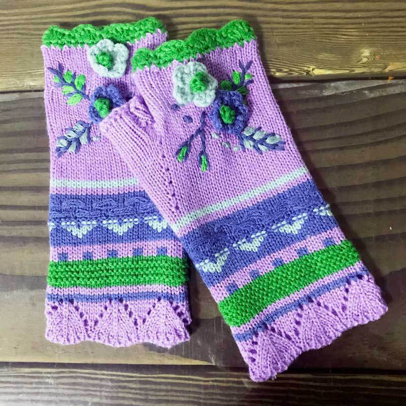 Floral Embroidered Fingerless Gloves With Lace Trim - Purple