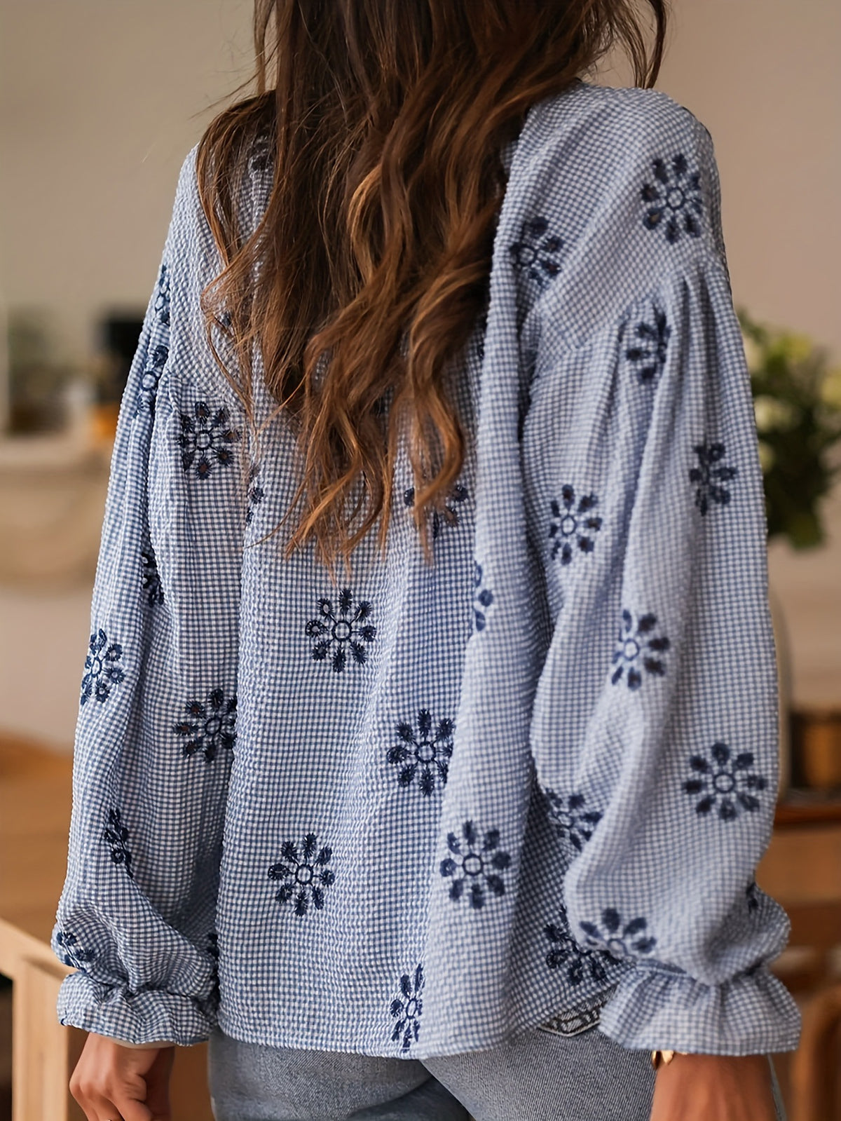 Eyelet Floral Button Front Blouse - Blue - 3