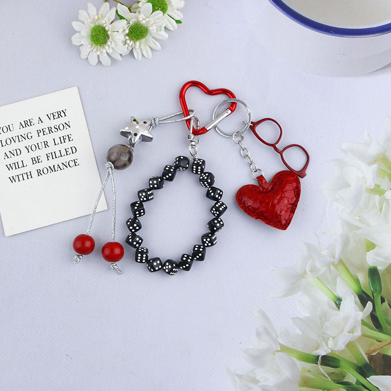 Beaded Dice Heart Keychain Bag Charm - Red - 1