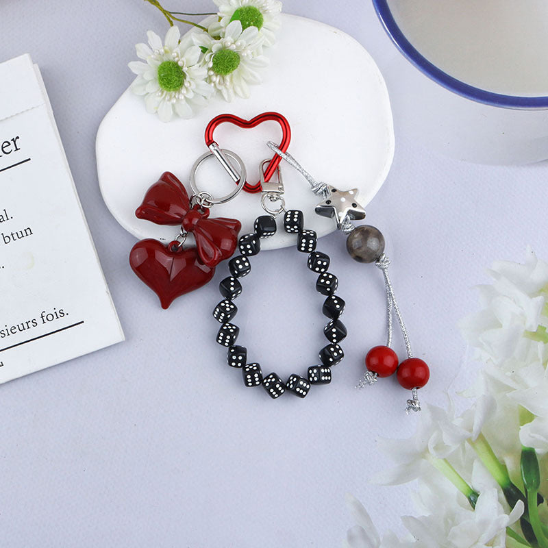 Beaded Dice Heart Keychain Bag Charm - Winered