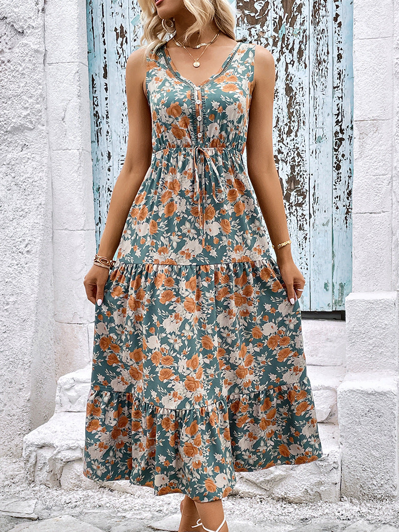 Sleeveless Floral Tiered Maxi Dress - Green