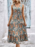 Sleeveless Floral Tiered Maxi Dress - Green