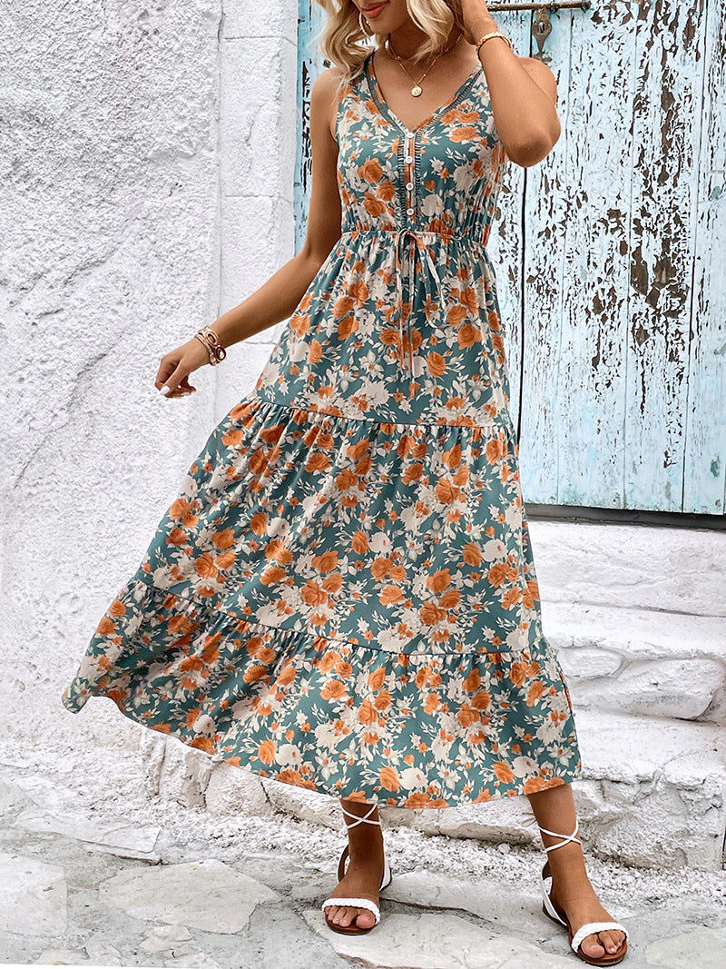 Sleeveless Floral Tiered Maxi Dress - Green - 2