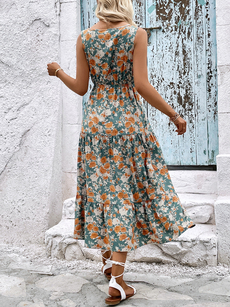 Sleeveless Floral Tiered Maxi Dress - Green - 3