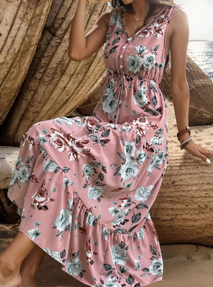Sleeveless Floral Tiered Maxi Dress - Pink