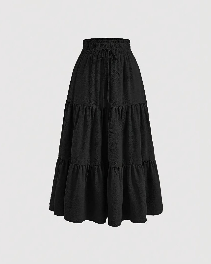 Tiered Midi Skirt With Drawstring Waist - Black