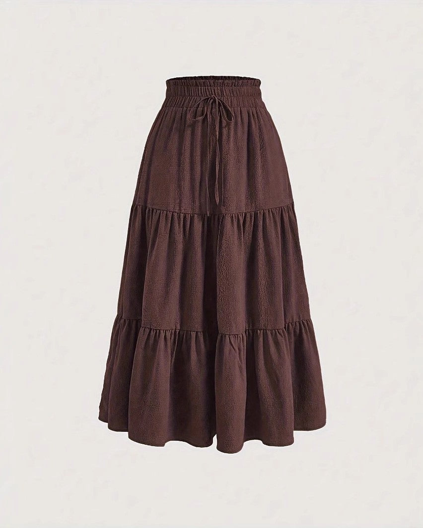 Tiered Midi Skirt With Drawstring Waist - Brown