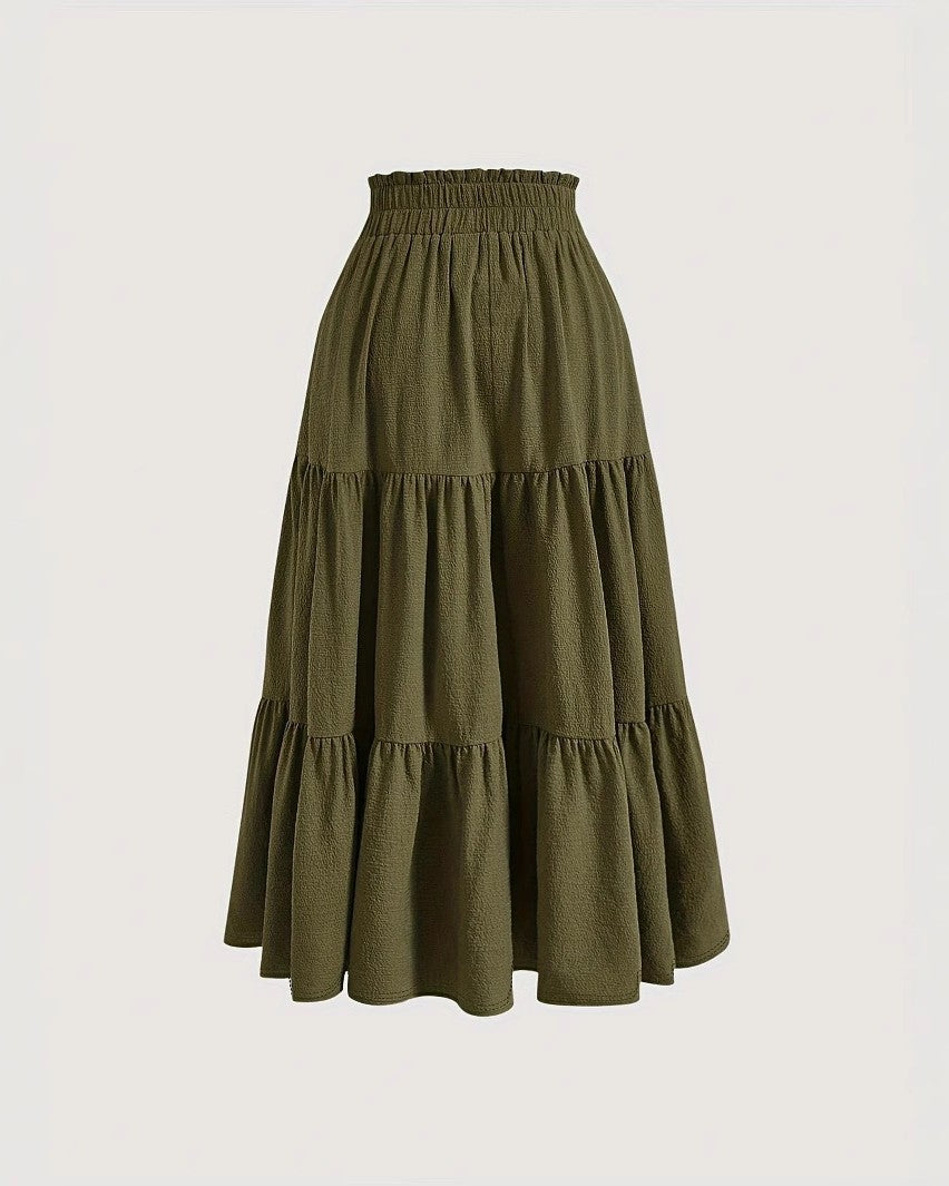 Tiered Midi Skirt With Drawstring Waist - Green
