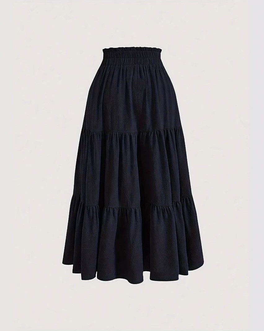 Tiered Midi Skirt With Drawstring Waist - Navy-Blue