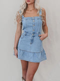 Denim Pinafore Mini Dress With Ruffle Hem - Blue