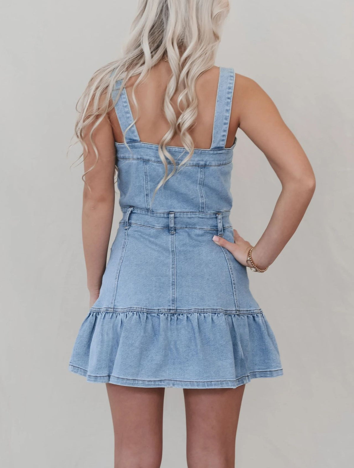 Denim Pinafore Mini Dress With Ruffle Hem - Blue - 2