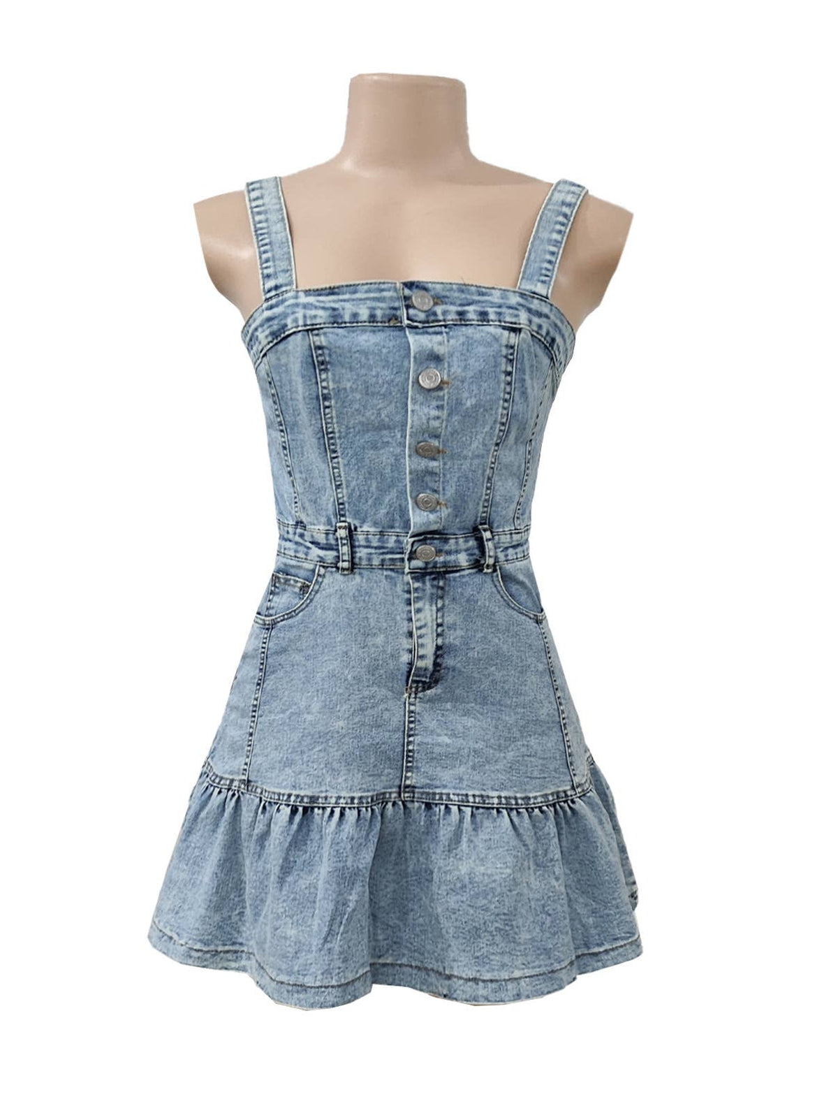 Denim Pinafore Mini Dress With Ruffle Hem